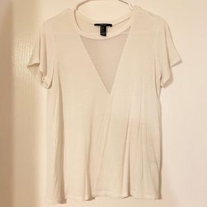 White Flowy T-shirt with Mesh V-neck